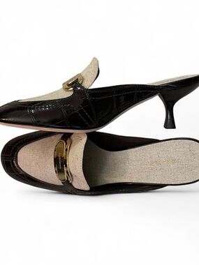 Ferragamo Canvas & Dark Brown Croc Leather Kitten Heel Mules